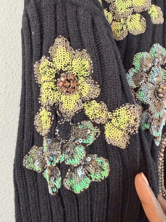 Zara Limited Edition Sequin Sweater Size S Black Ribbed Knit Beaded Floral - Picture 10 of 13